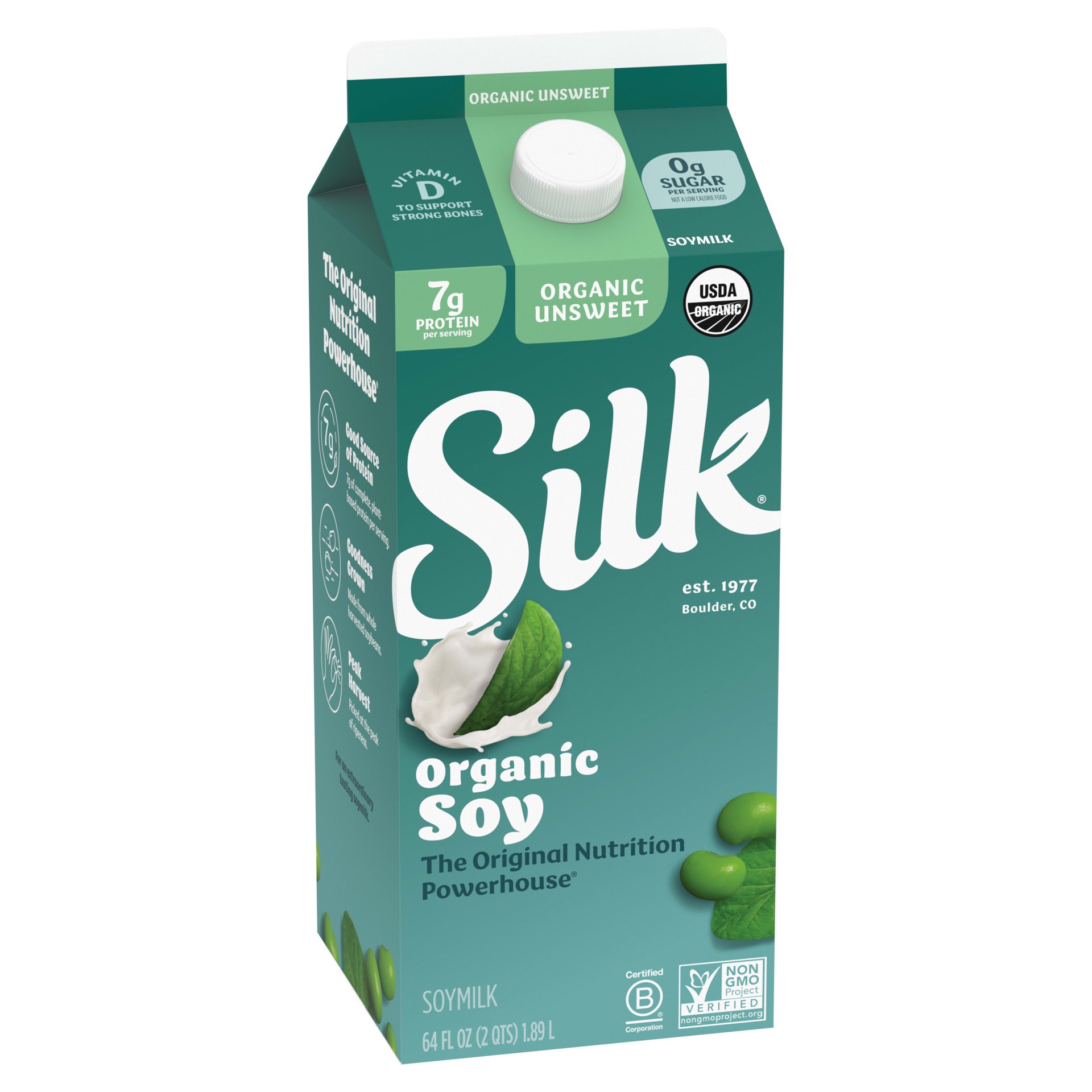 slide 4 of 5, Silk Soy Milk, Unsweet Organic, Dairy Free, Gluten Free, Vegan Milk with Vitamin D to Help Support Strong Bones, 64 FL OZ Half Gallon, 64 fl oz