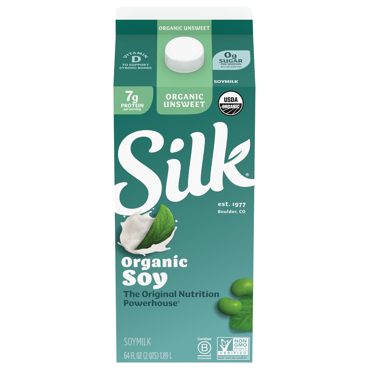 slide 1 of 5, Silk Soy Milk, Unsweet Organic, Dairy Free, Gluten Free, 64 FL OZ Half Gallon, 64 fl oz