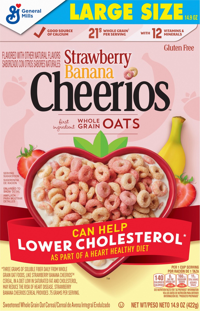 slide 3 of 13, Cheerios Strawberry Banana Cheerios, Heart Healthy Cereal, Large Size, 14.9 OZ, 14.9 oz