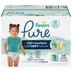 Pampers Pure Baby Diapers, Size 5 (27+ lbs), 48, Up to 100% Leakproof, Premium Hypoallergenic Soft Diapers