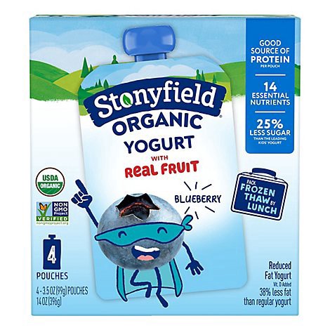 slide 1 of 1, Stonyfield Organic Kids Reduced Fat Yogurt Pouches Blueberry - 4-3.5 Oz, 14 oz