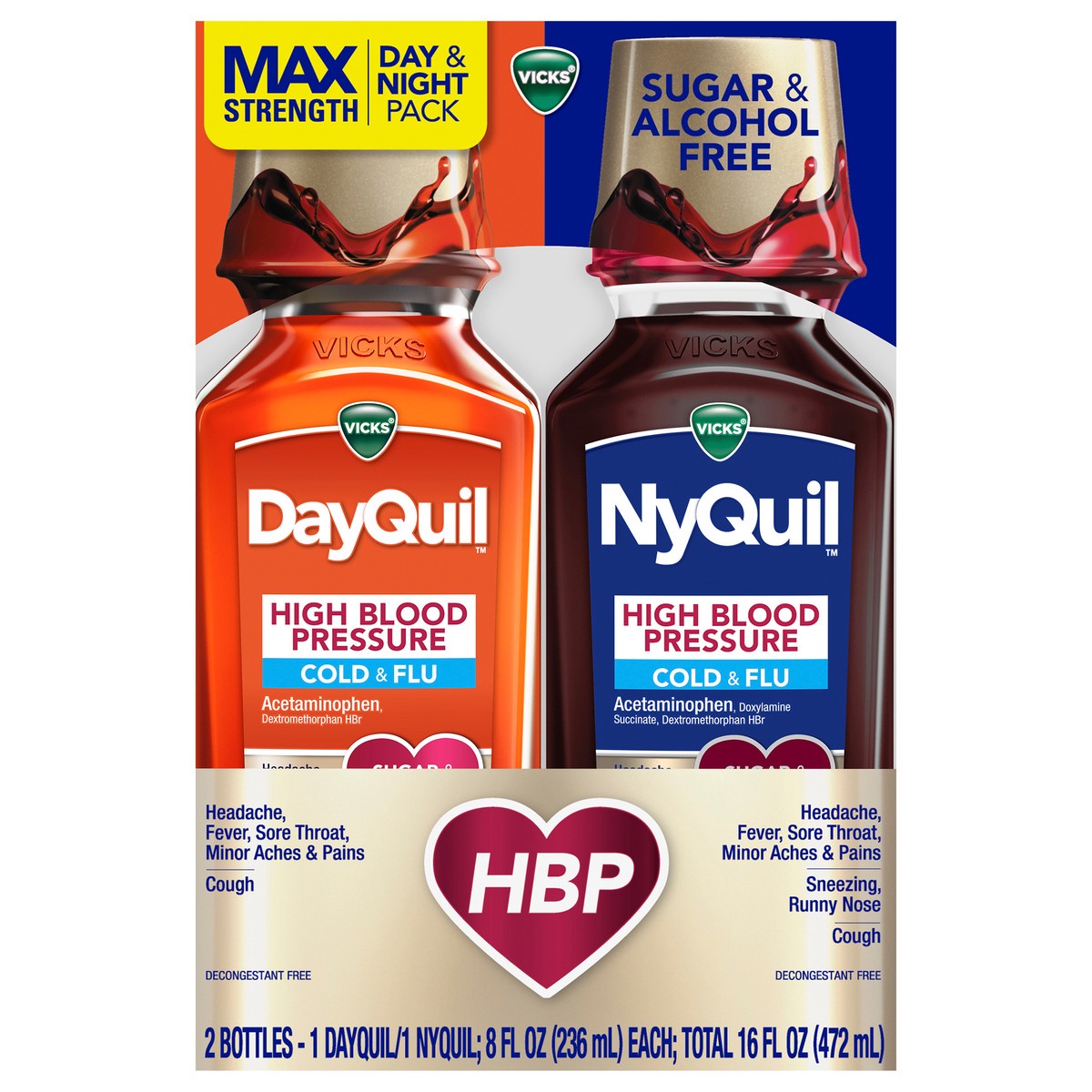 slide 1 of 1, VICKS NyQuil & DayQuil High Blood Pressure Combo Liquid Cold, Cough, and Flu Relief 2x8 oz (Fast-Acting, Max Strength Day & Night Relief of Sore Throat, Fever, Cough, Congestion, Runny Nose, Sinus Pressure, Sneezing, Minor Aches & Pains), 2 ct