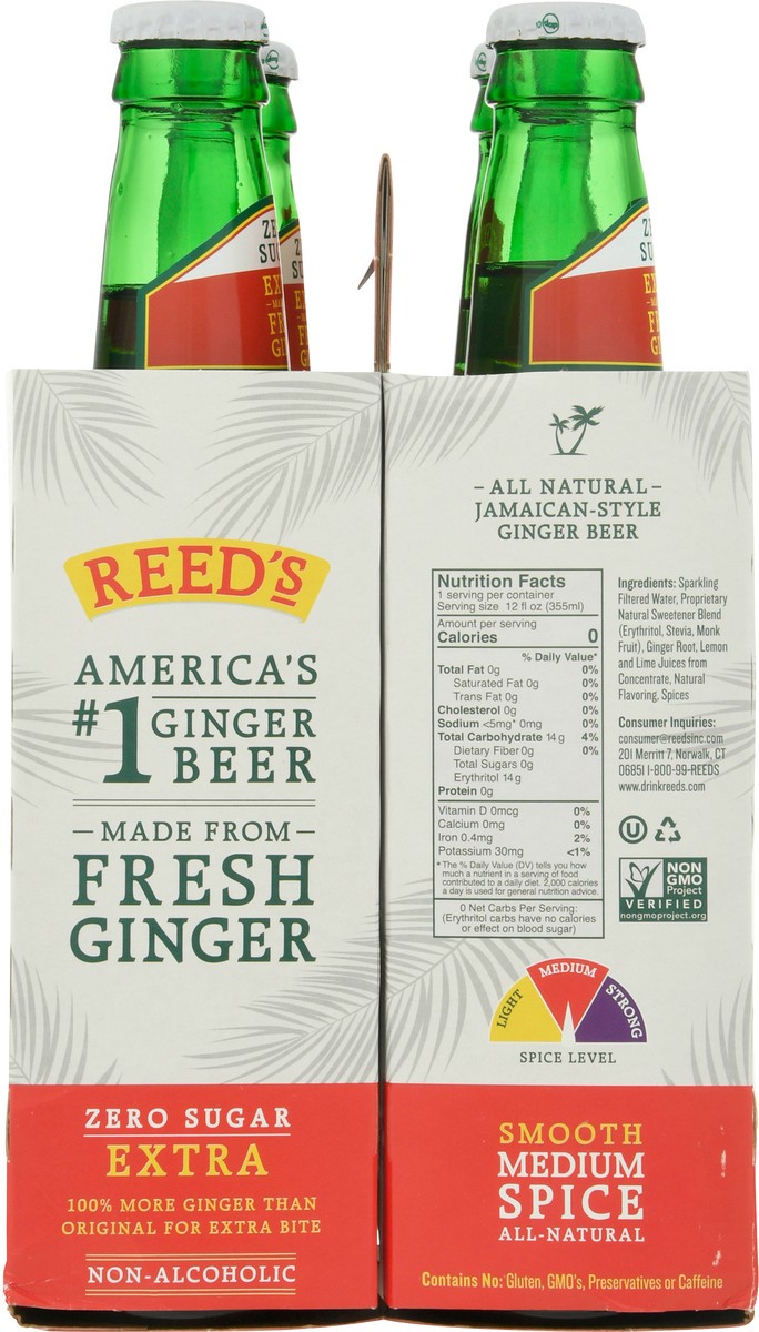 slide 9 of 14, Reed's Zero Sugar Extra Craft Ginger Beer - 4 ct, 4 ct