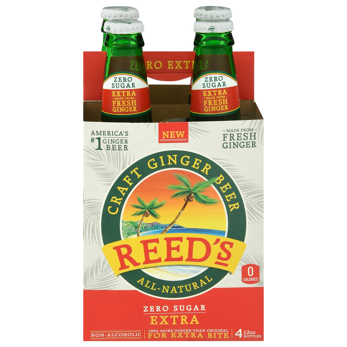 slide 1 of 1, Reed's Zero Sugar Extra Ginger Beer 4 - 12 oz Bottles, 4 ct