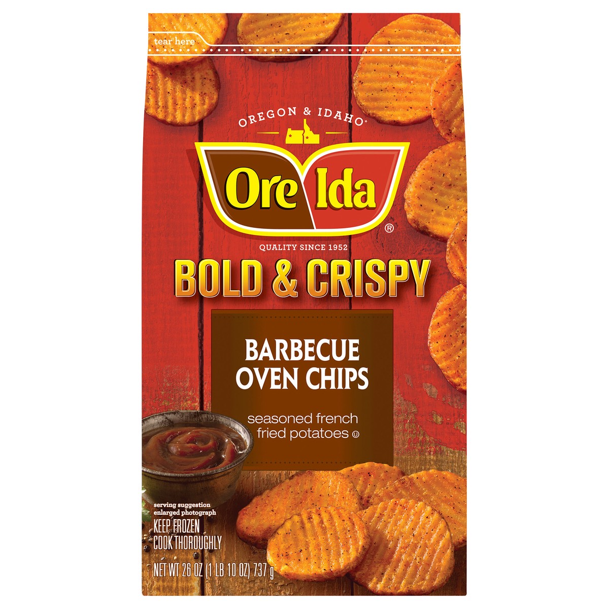 slide 7 of 13, Ore-Ida(r) Bold & Crispy Barbecue Oven Chips Seasoned French Fried Potatoes 26 oz. Bag, 26 oz