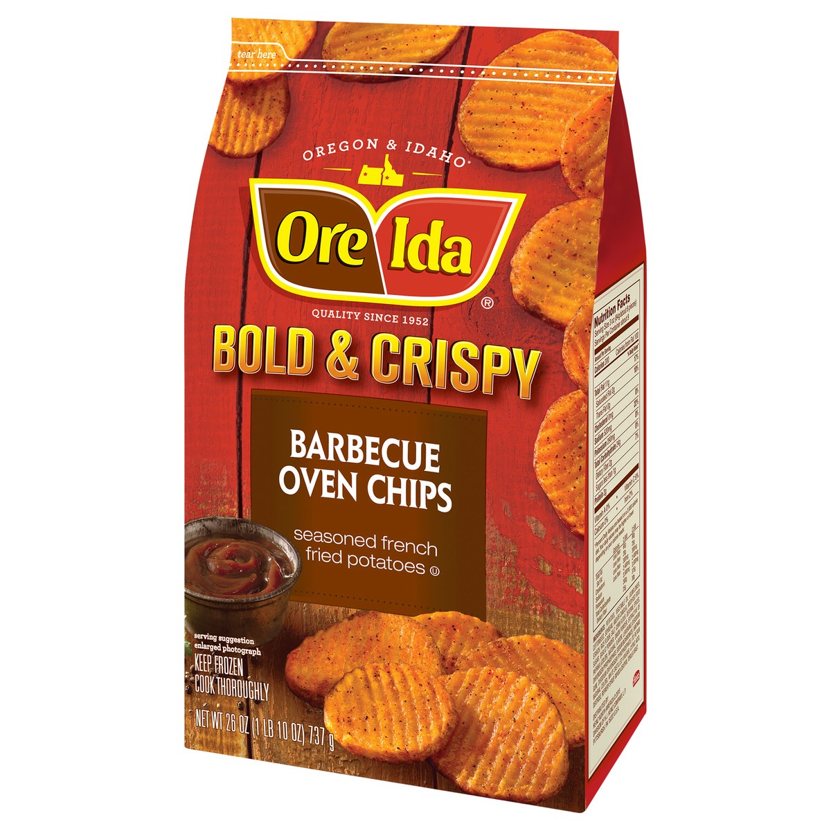 slide 6 of 13, Ore-Ida(r) Bold & Crispy Barbecue Oven Chips Seasoned French Fried Potatoes 26 oz. Bag, 26 oz