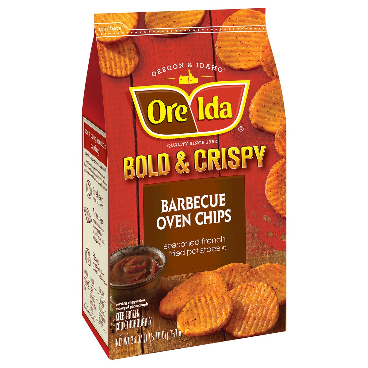 slide 10 of 13, Ore-Ida(r) Bold & Crispy Barbecue Oven Chips Seasoned French Fried Potatoes 26 oz. Bag, 26 oz