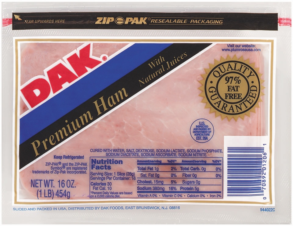 slide 1 of 1, Dak Premium Sliced Ham, 1 lb