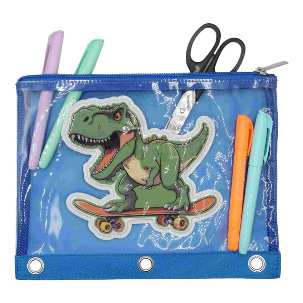slide 2 of 2, Office Depot® Brand 3-Ring Puffer Pencil Pouch, 7-7/8"" x 10"", Blue/Dino, 1 ct