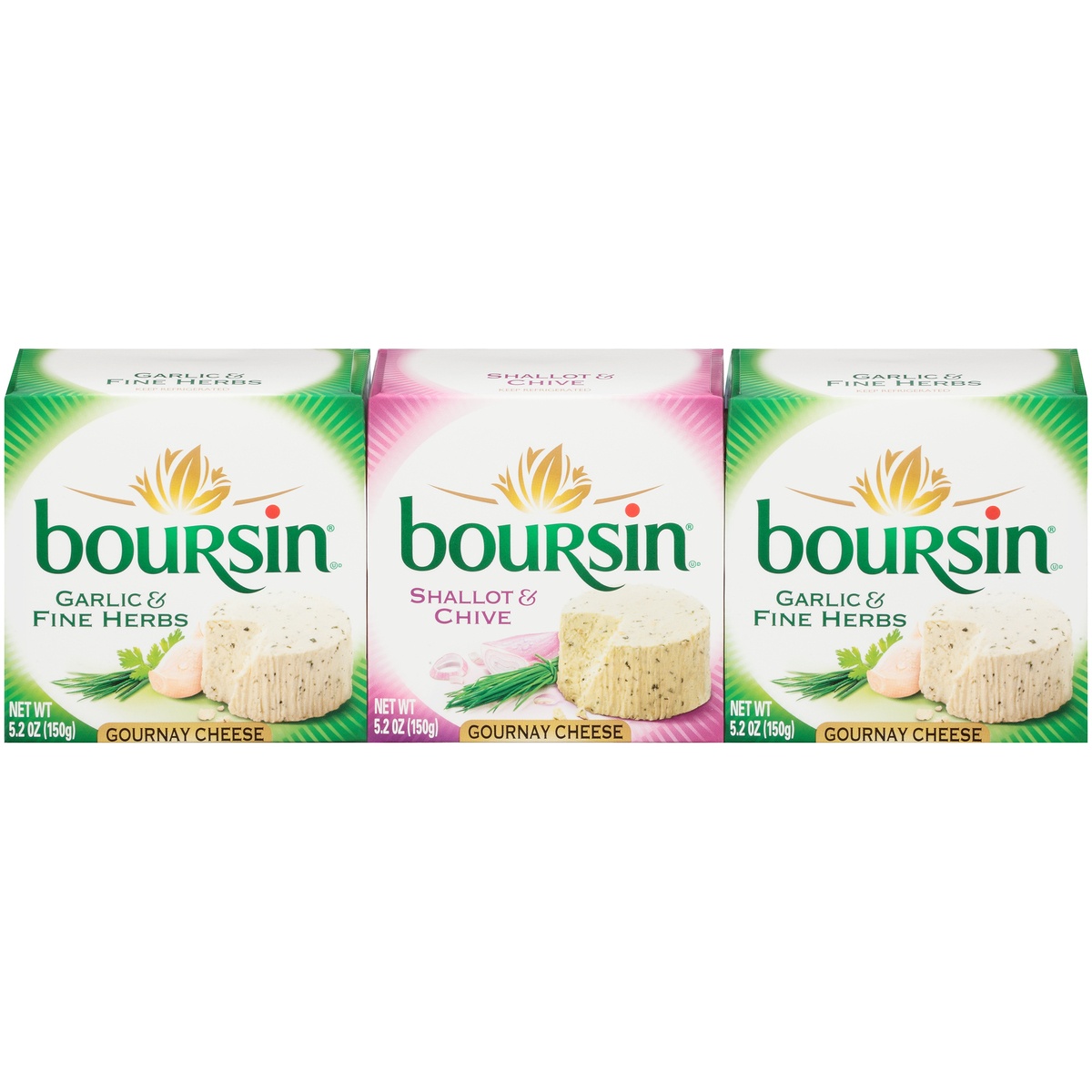 slide 1 of 6, Boursin Garlic & Fine Herbs + Shallot & Chive Gournay Cheese Variety Pack, 3 ct; 5.2 oz