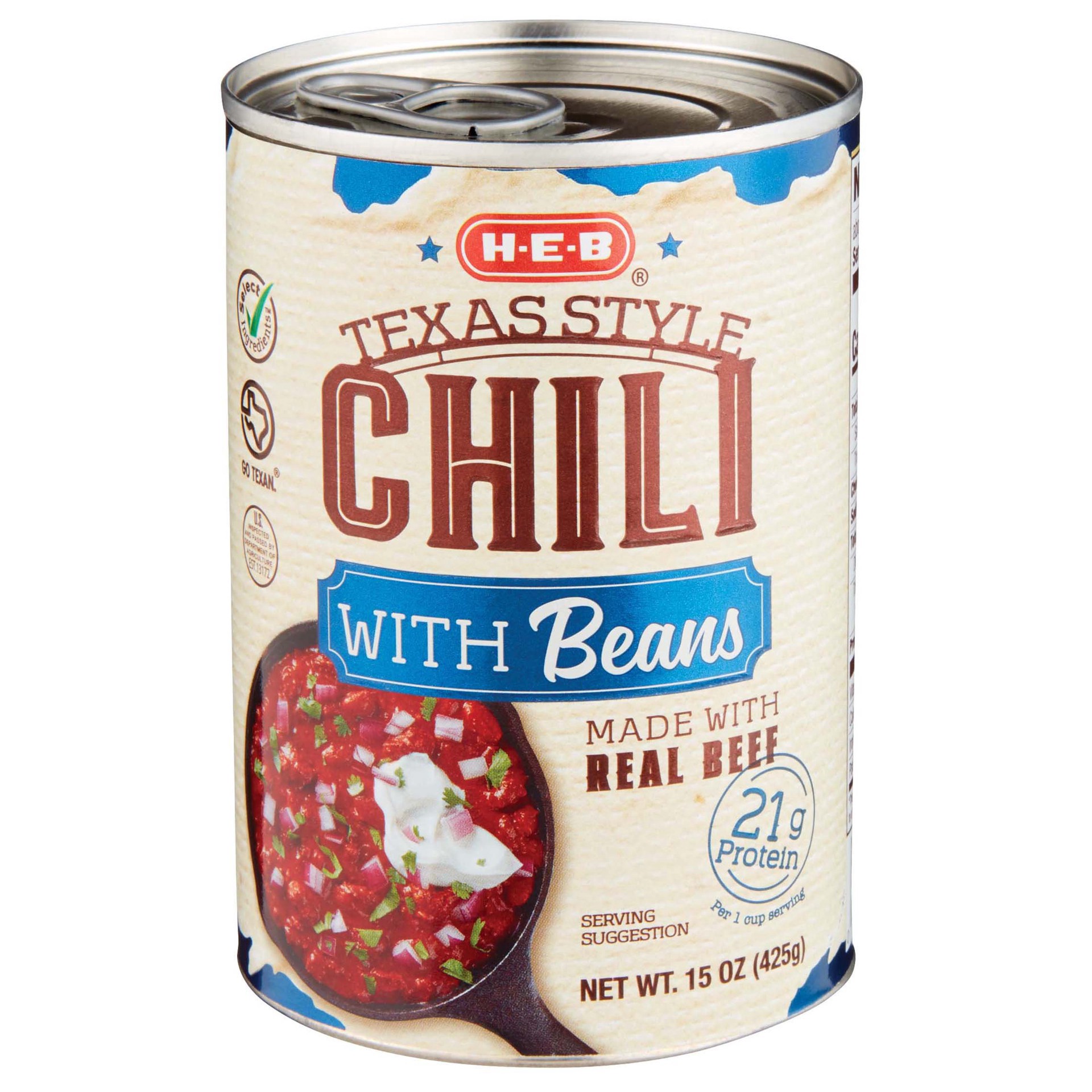 slide 1 of 1, H-E-B Texas Style Chili with Beans, 15 oz