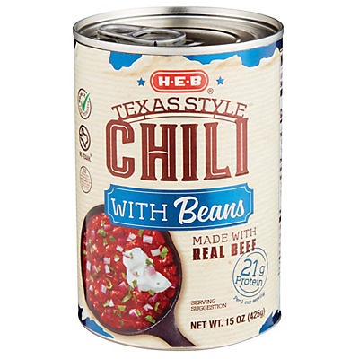 slide 1 of 1, H-E-B Texas Style Chili with Beans, 15 oz