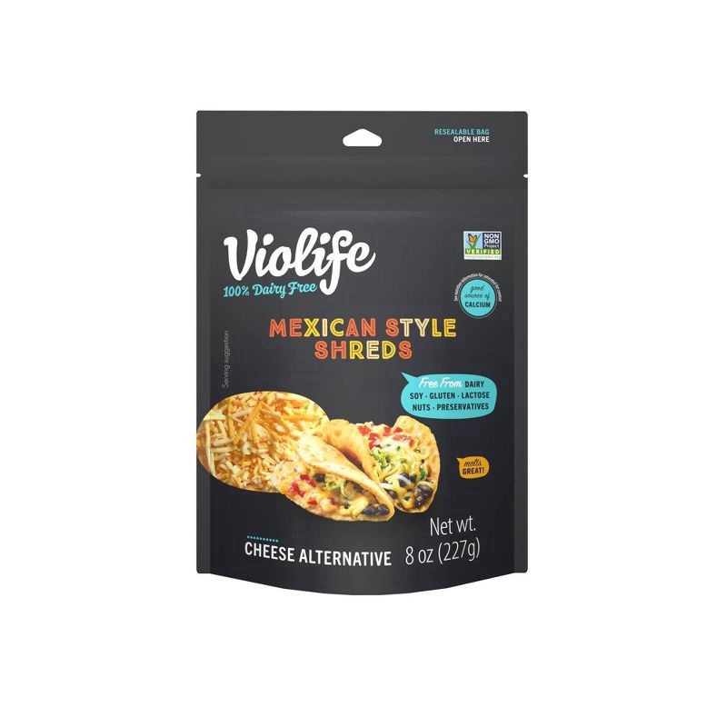 slide 1 of 9, Violife Just like Mexican Style Shreds Shredded Cheese, Dairy-Free Vegan 8 oz Pack, 8 oz