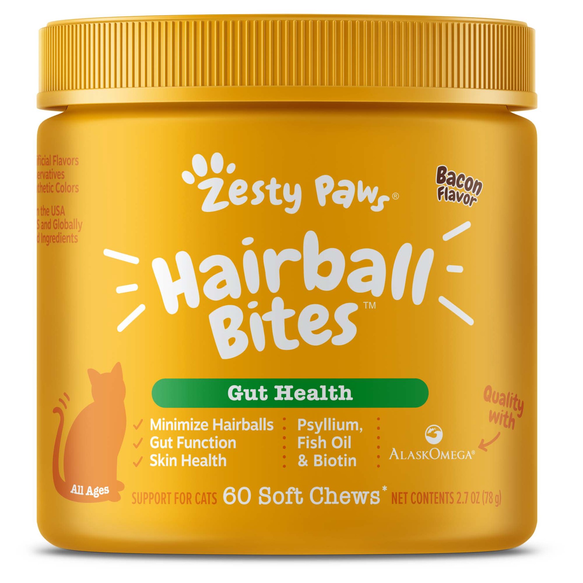 slide 1 of 1, Zesty Paws Hairball Bites - Gut Health - Bacon Flavor Soft Chews - 60 Ct, 60 ct