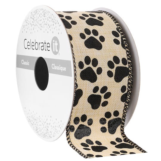 slide 1 of 2, 1.5" X 3yd. Wired Natural Paw Print Ribbon By Celebrate It Classic, 1.5 in x 3 yd