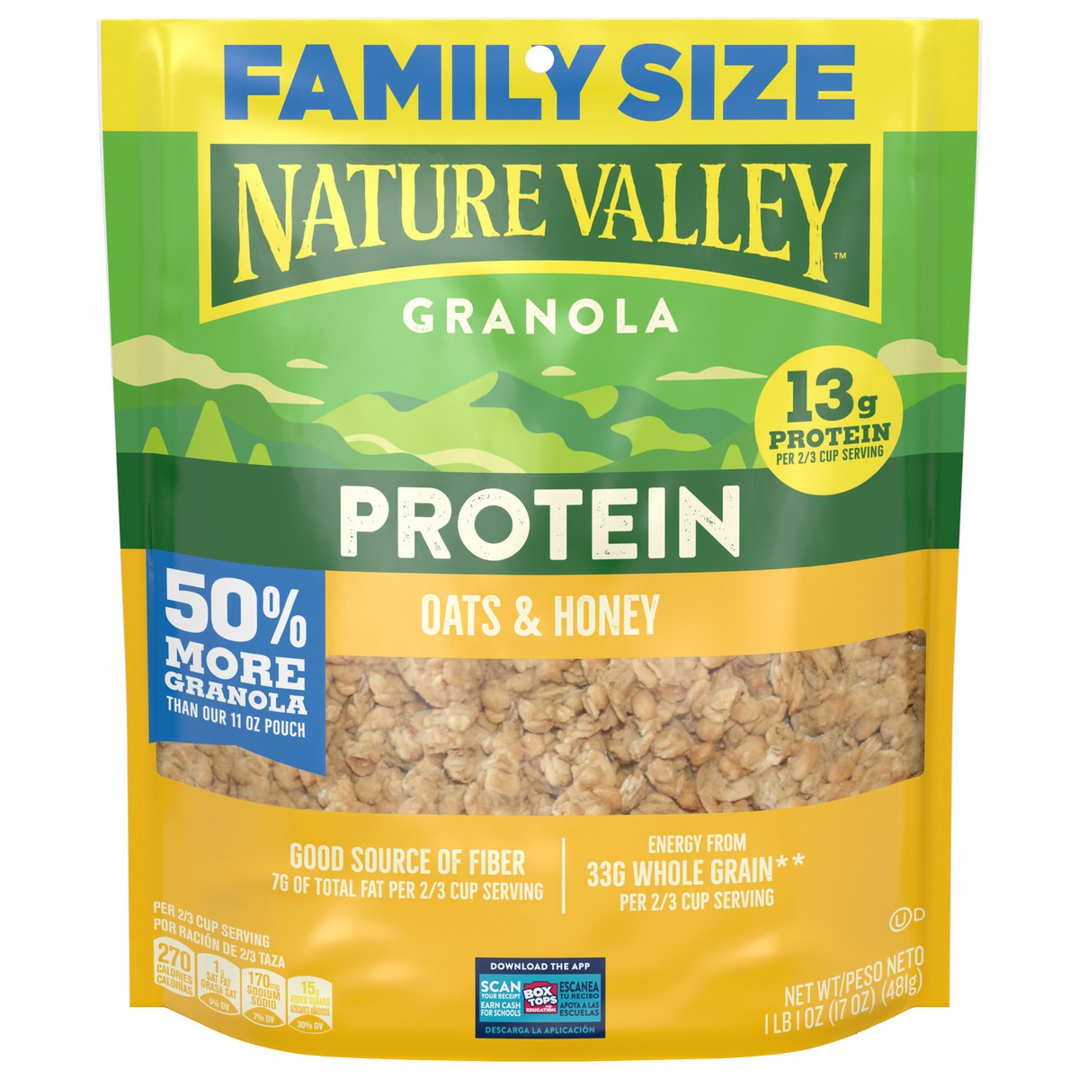 slide 1 of 1, Nature Valley Protein Granola, Oats and Honey, Family Size, Resealable Bag, 17 OZ, 17 oz