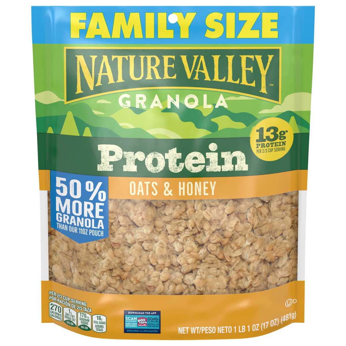 slide 1 of 1, Nature Valley Protein Granola, Oats and Honey, Family Size, Resealable Bag, 17 OZ , 17 oz