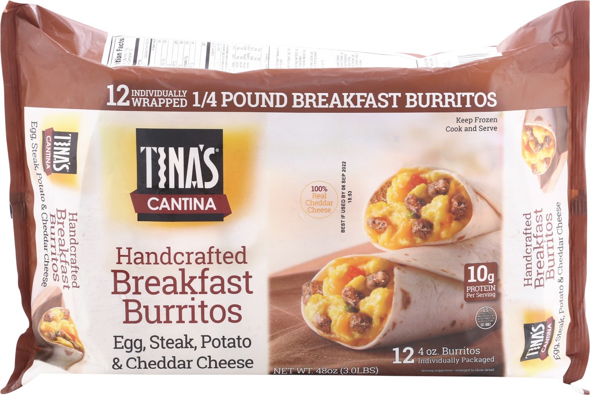 slide 1 of 12, Tina's Cantina 12 Pack Handcrafted Egg, Steak, Potato & Cheddar Cheese Breakfast Burrito 12 ea, 12 ct