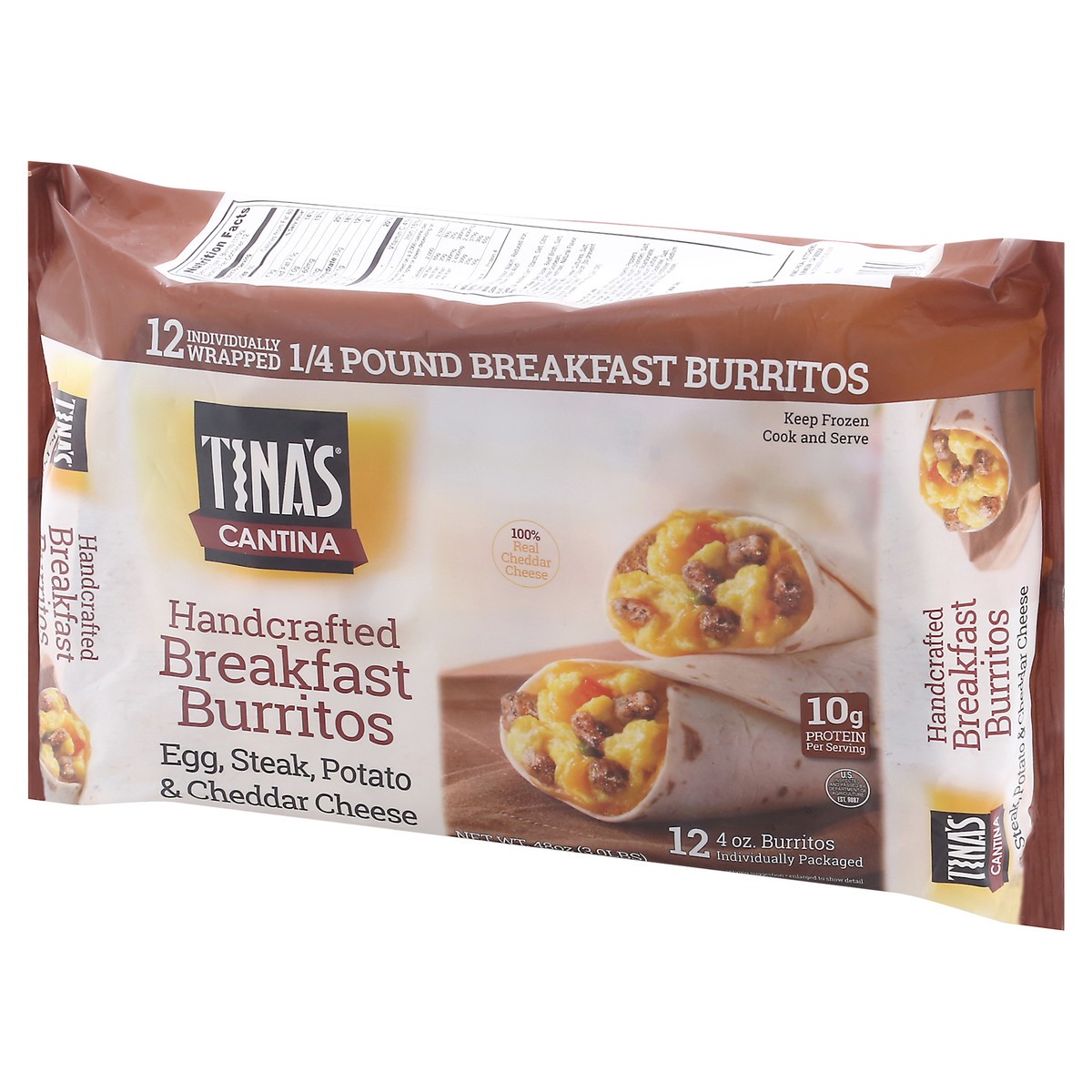 slide 7 of 12, Tina's Cantina 12 Pack Handcrafted Egg, Steak, Potato & Cheddar Cheese Breakfast Burrito 12 ea, 12 ct