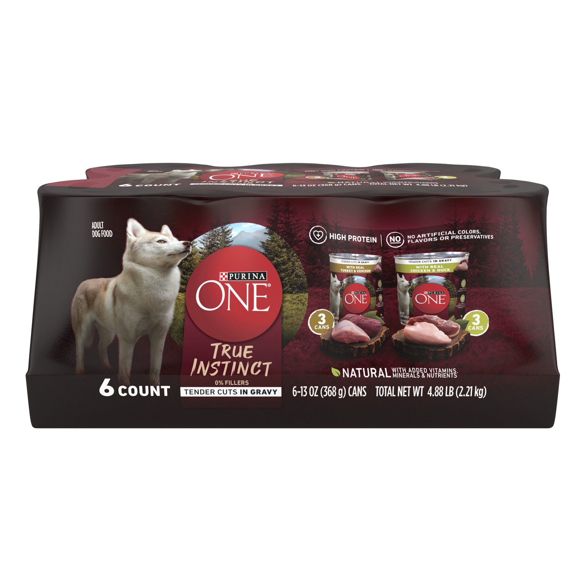 slide 1 of 9, ONE Purina ONE True Instinct Tender Cuts in Gravy With Real Turkey and Venison, and With Real Chicken and Duck High Protein Wet Dog Food Variety Pack, 4.88 lb