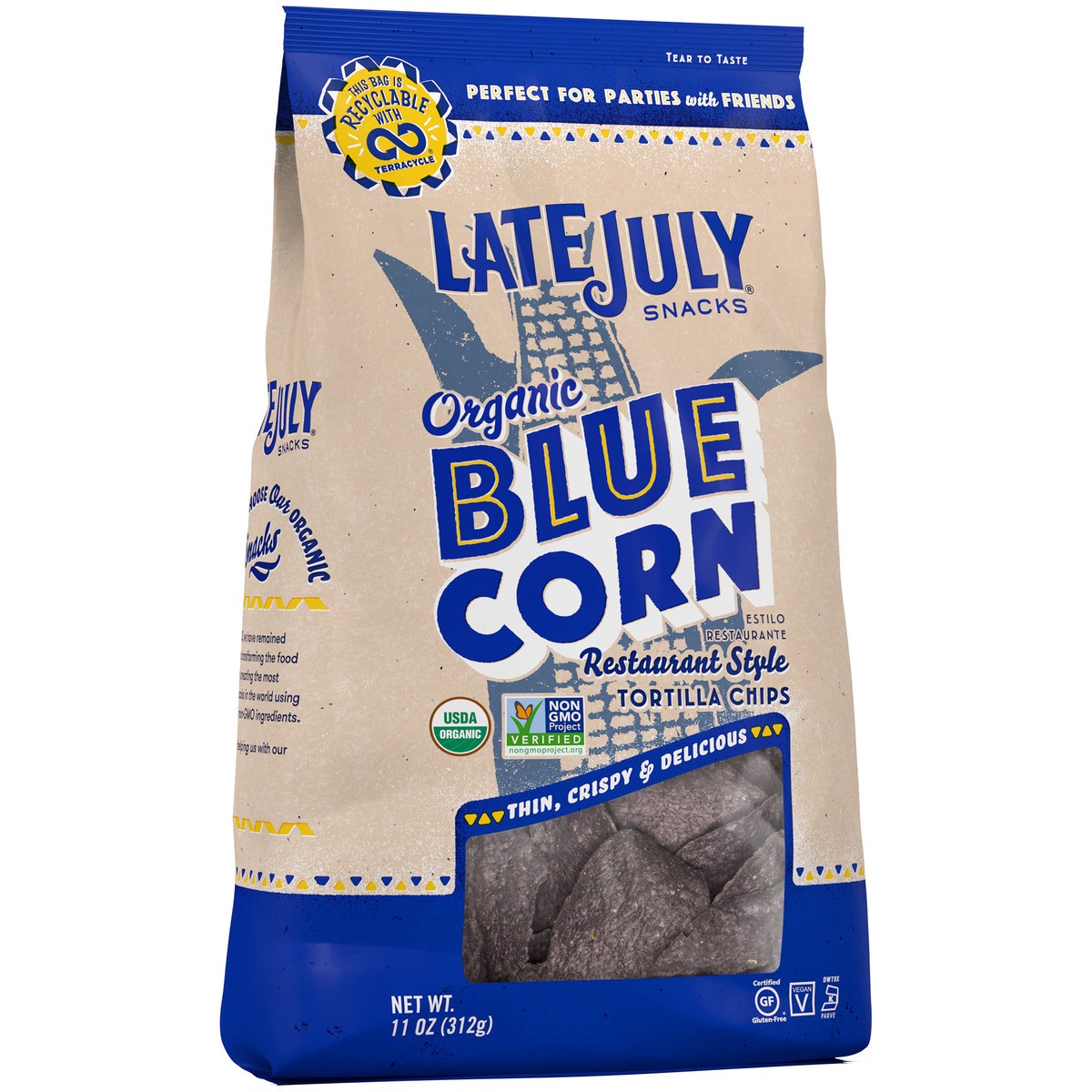 slide 10 of 10, LATE JULY Snacks Restaurant Style Blue Corn Tortilla Chips, 11 oz. Bag, 11 oz