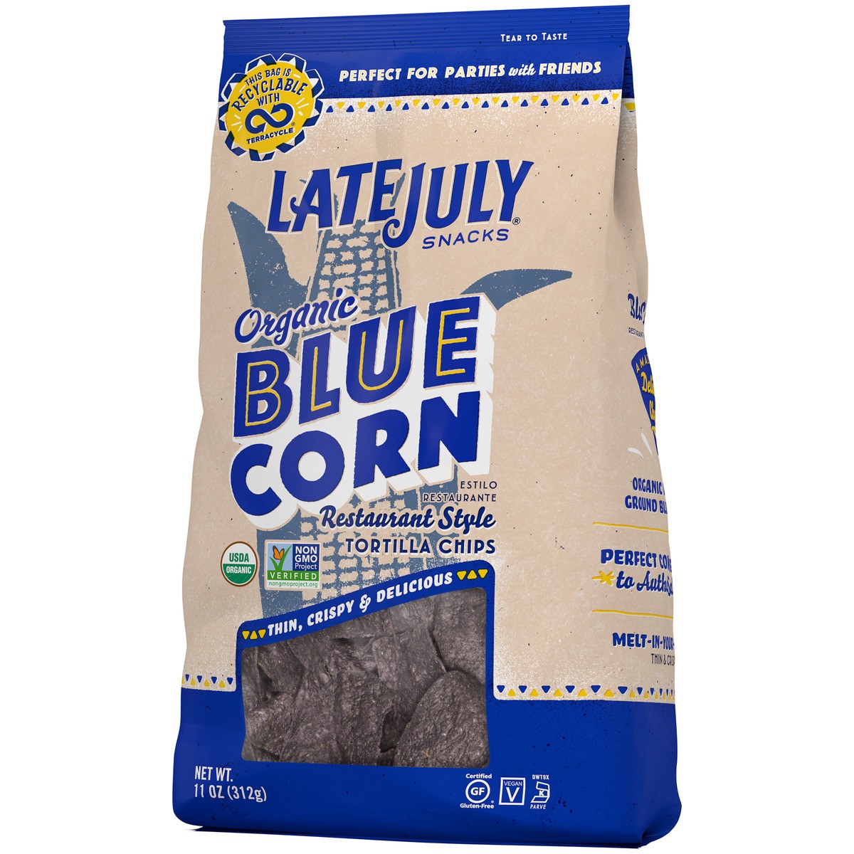 slide 9 of 10, LATE JULY Snacks Restaurant Style Blue Corn Tortilla Chips, 11 oz. Bag, 11 oz