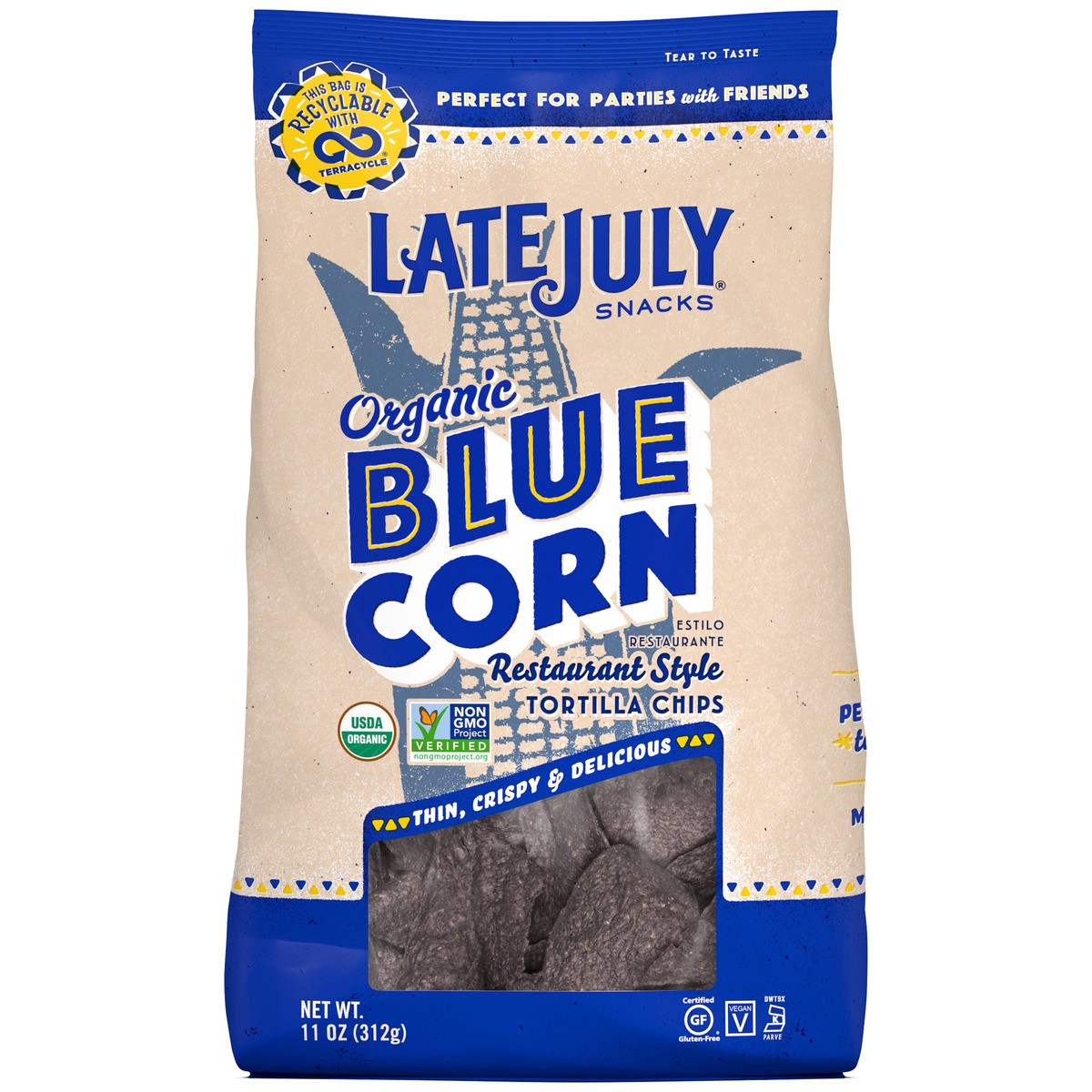 slide 2 of 10, LATE JULY Snacks Restaurant Style Blue Corn Tortilla Chips, 11 oz. Bag, 11 oz