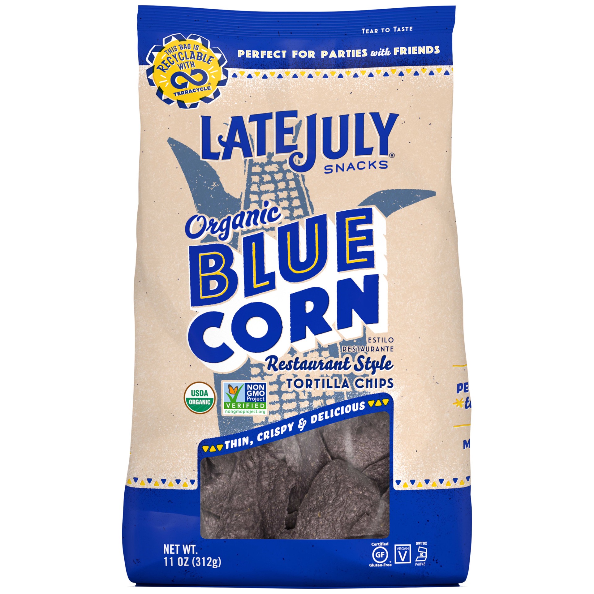 slide 1 of 10, LATE JULY Snacks Restaurant Style Blue Corn Tortilla Chips, 11 oz. Bag, 11 oz