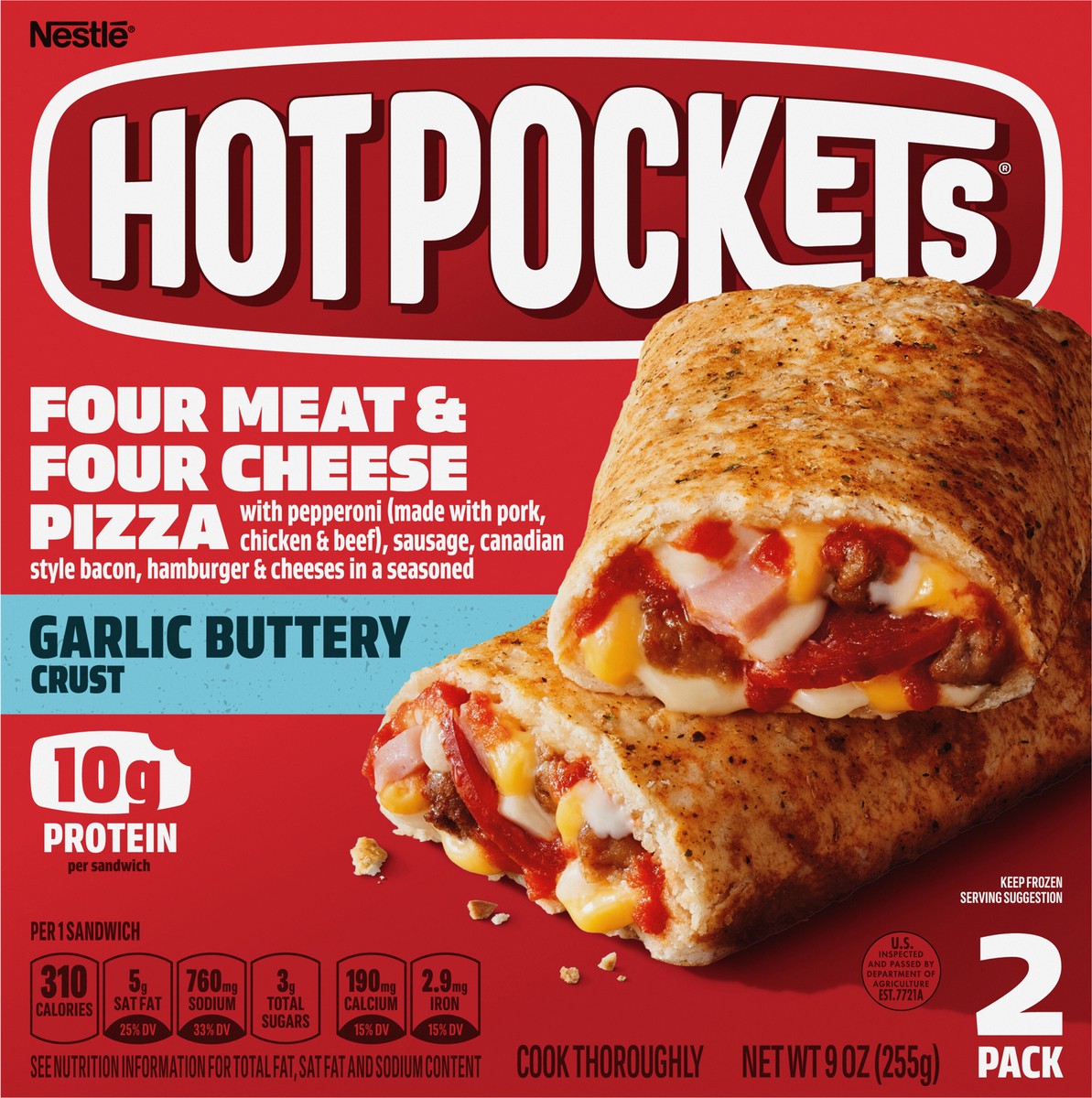 slide 1 of 13, Hot Pockets Four Meat & Four Cheese Pizza Frozen Sandwiches, 2 ct