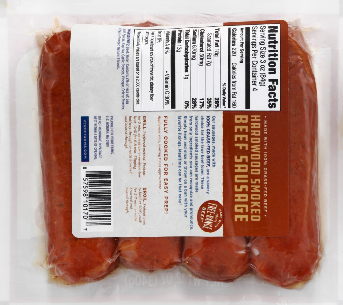 slide 4 of 13, Verde Farms Hardwood Smoked Beef Sausage, 12 oz