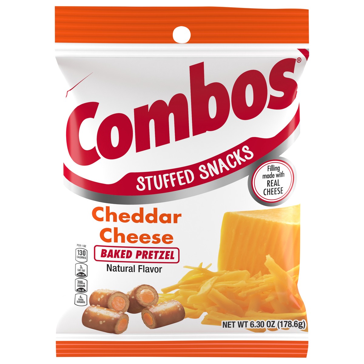 slide 1 of 5, COMBOS Stuffed Snacks Cheddar Cheese Baked Pretzel Snacks, 6.3 oz Bag, 6.3 oz