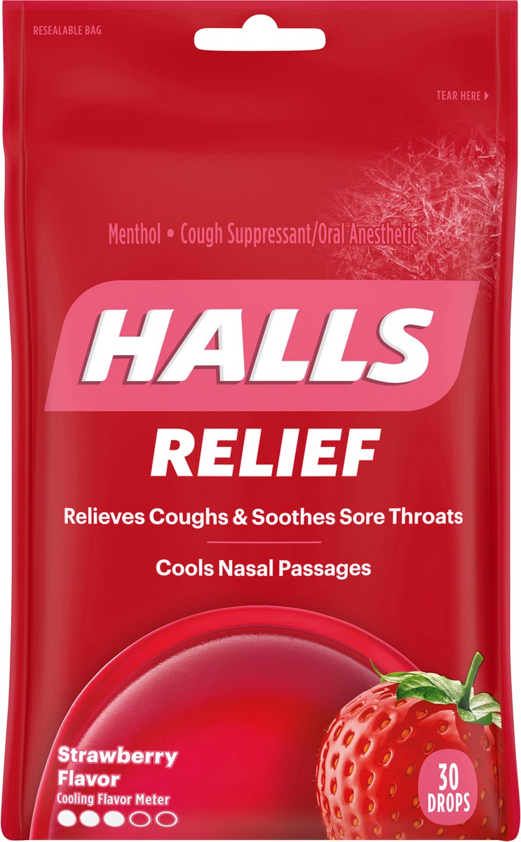 slide 6 of 9, HALLS Relief Strawberry Cough Drops, 30 Drops, 0.20 lb