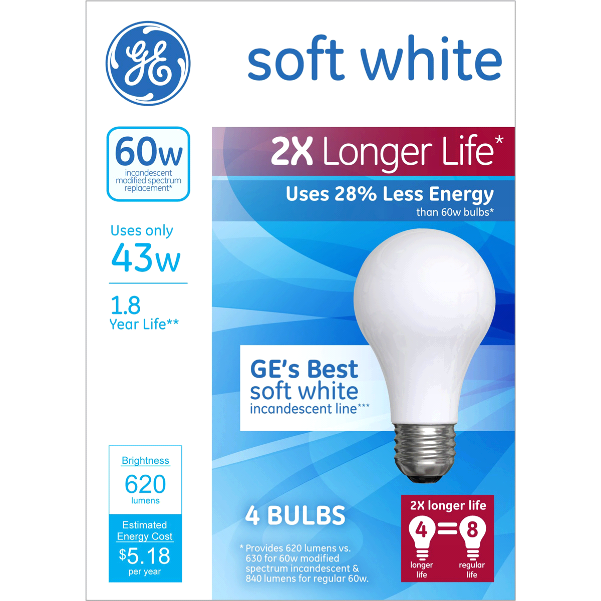 slide 1 of 1, GE Energy-Efficient Soft White 43-Watt (60-Watt) Modified Spectrum A19 Halogen Bulbs, 4 ct