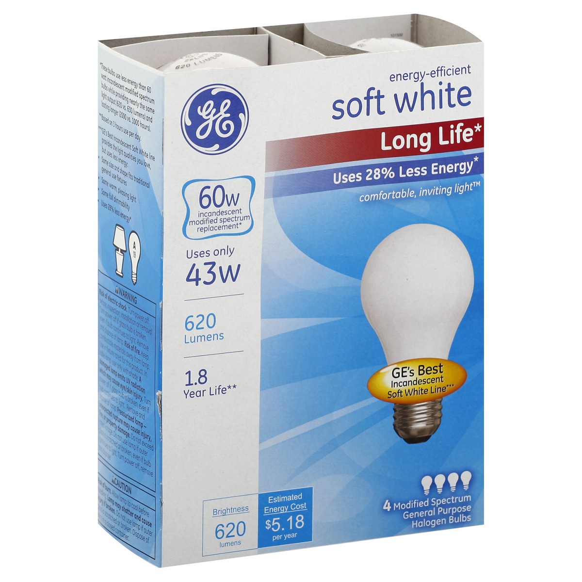 slide 2 of 5, GE Energy-Efficient Soft White 43-Watt (60-Watt) Modified Spectrum A19 Halogen Bulbs, 4 ct