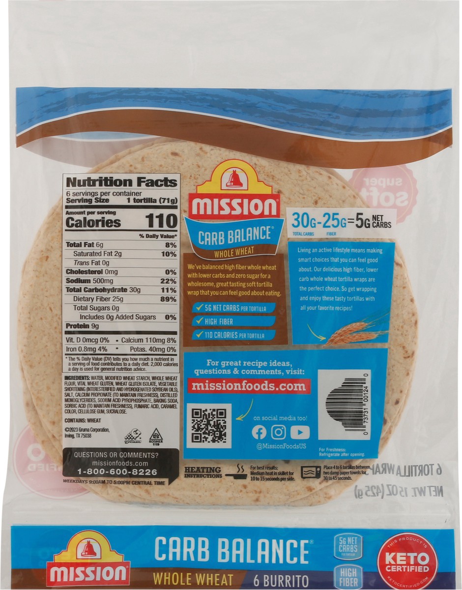 slide 13 of 14, Mission Carb Balance Whole Wheat Flour Tortillas, Burrito Size, 6 Count, 6 ct