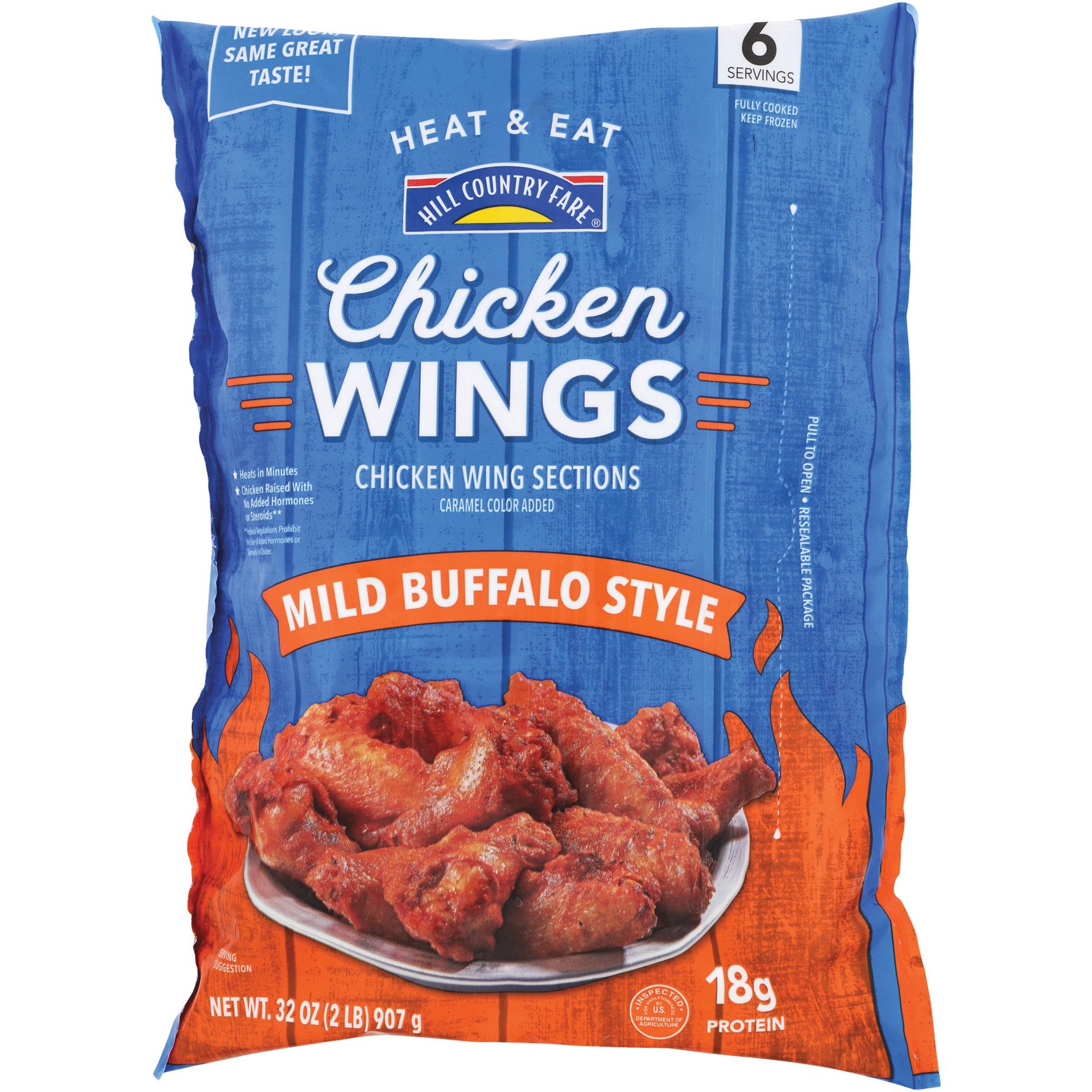 slide 1 of 1, Hill Country Fare Heat & Eat Frozen Chicken Hot Wings - Mild Buffalo Style, 32 oz