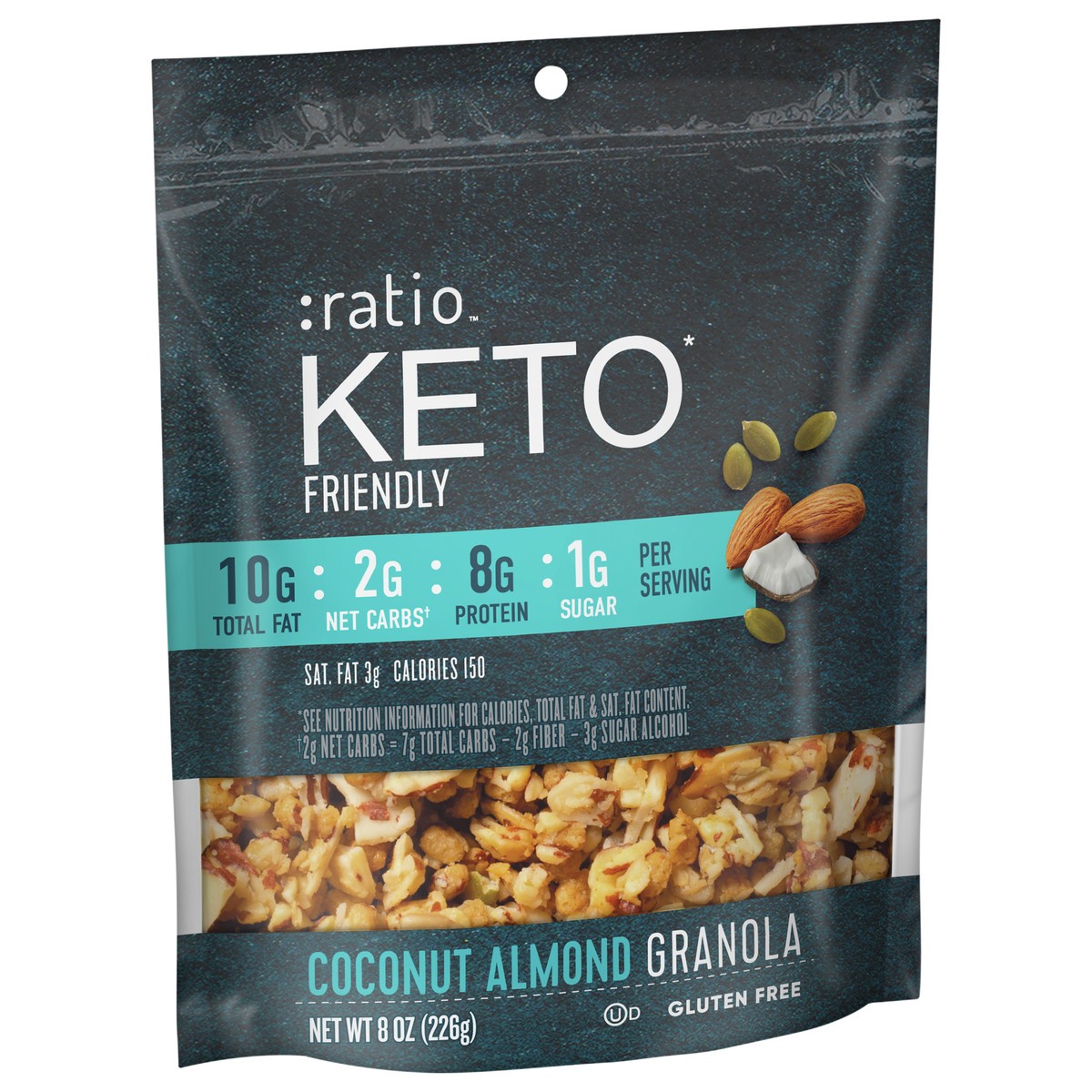 slide 4 of 9, :ratio Keto Friendly Coconut Almond Granola Cereal, 8 OZ Cereal Bag, 8 oz