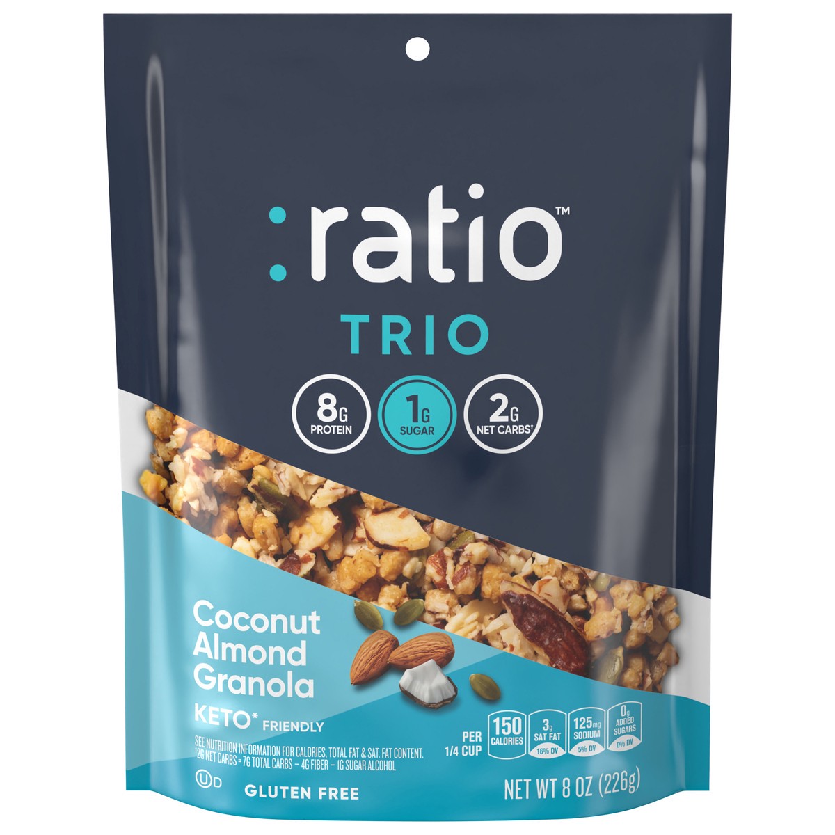 slide 1 of 9, :ratio Trio Coconut Almond Granola Cereal, 1g Sugar, Keto Friendly, 8 oz Resealable Cereal Bag, 8 oz
