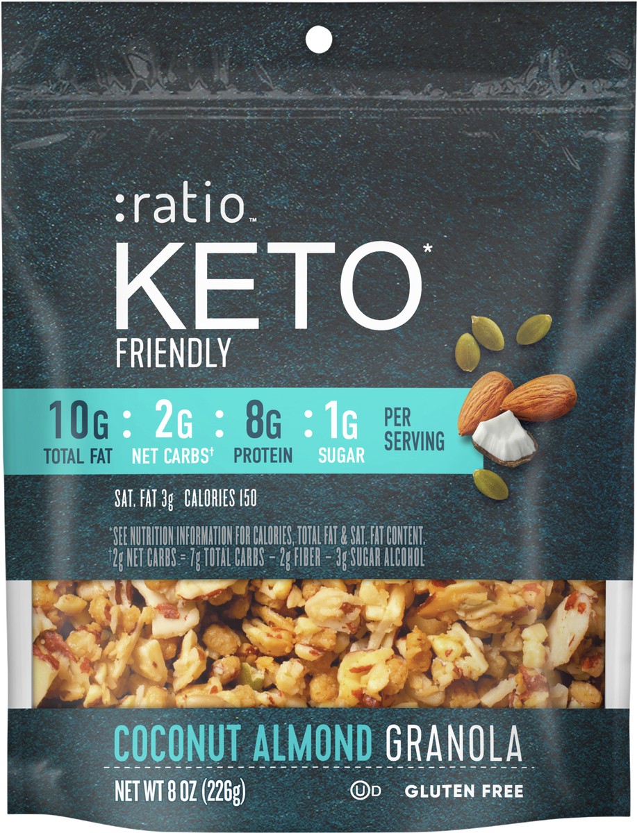 slide 8 of 9, :ratio Keto Friendly Coconut Almond Granola Cereal, 8 OZ Cereal Bag, 8 oz