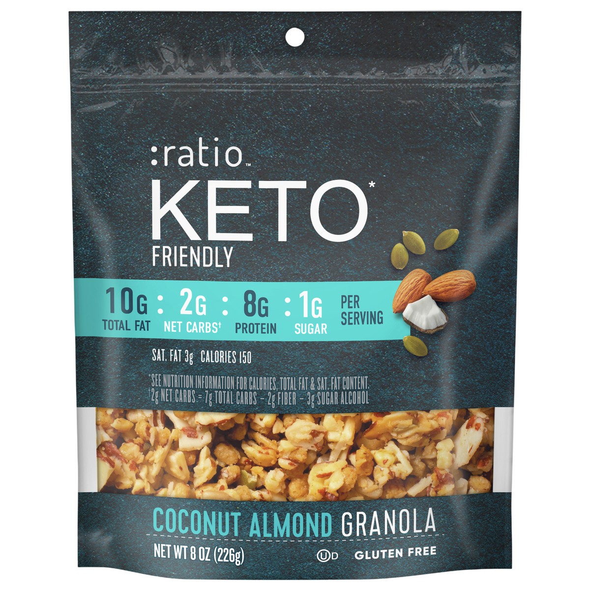 slide 1 of 9, :ratio Keto Friendly Coconut Almond Granola Cereal, 8 OZ Cereal Bag, 8 oz