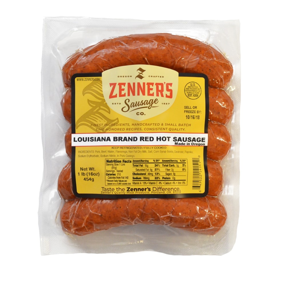 slide 1 of 1, Zenner's Louisiana Red Hot Sausage, 1 lb