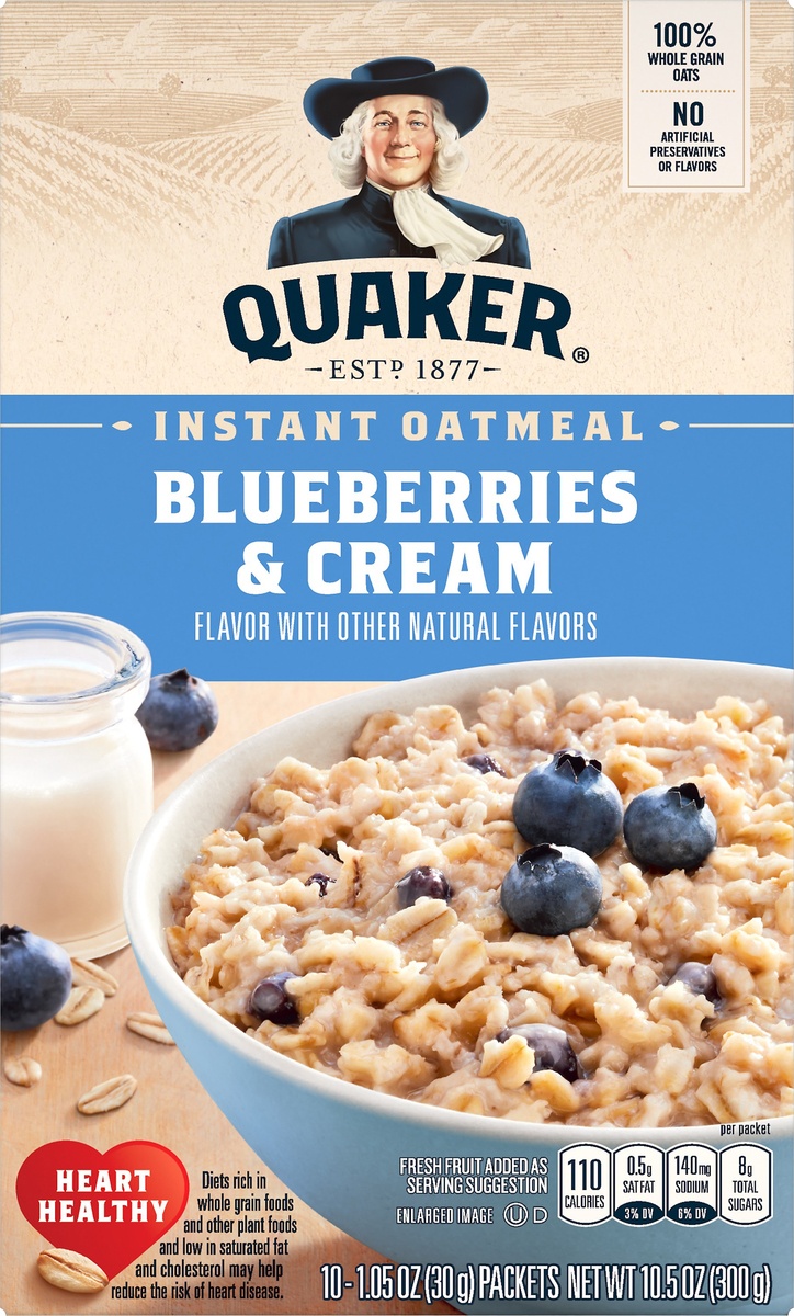 slide 5 of 6, Quaker Instant Oatmeal Blueberries And Cream Packets, 10 ct; 1.05 oz 