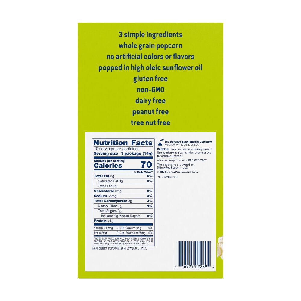 slide 3 of 6, SkinnyPop Gluten-Free Original Popcorn, 0.5 oz Snack-Size Bags, 10 Count, 10 ct; 0.5 oz