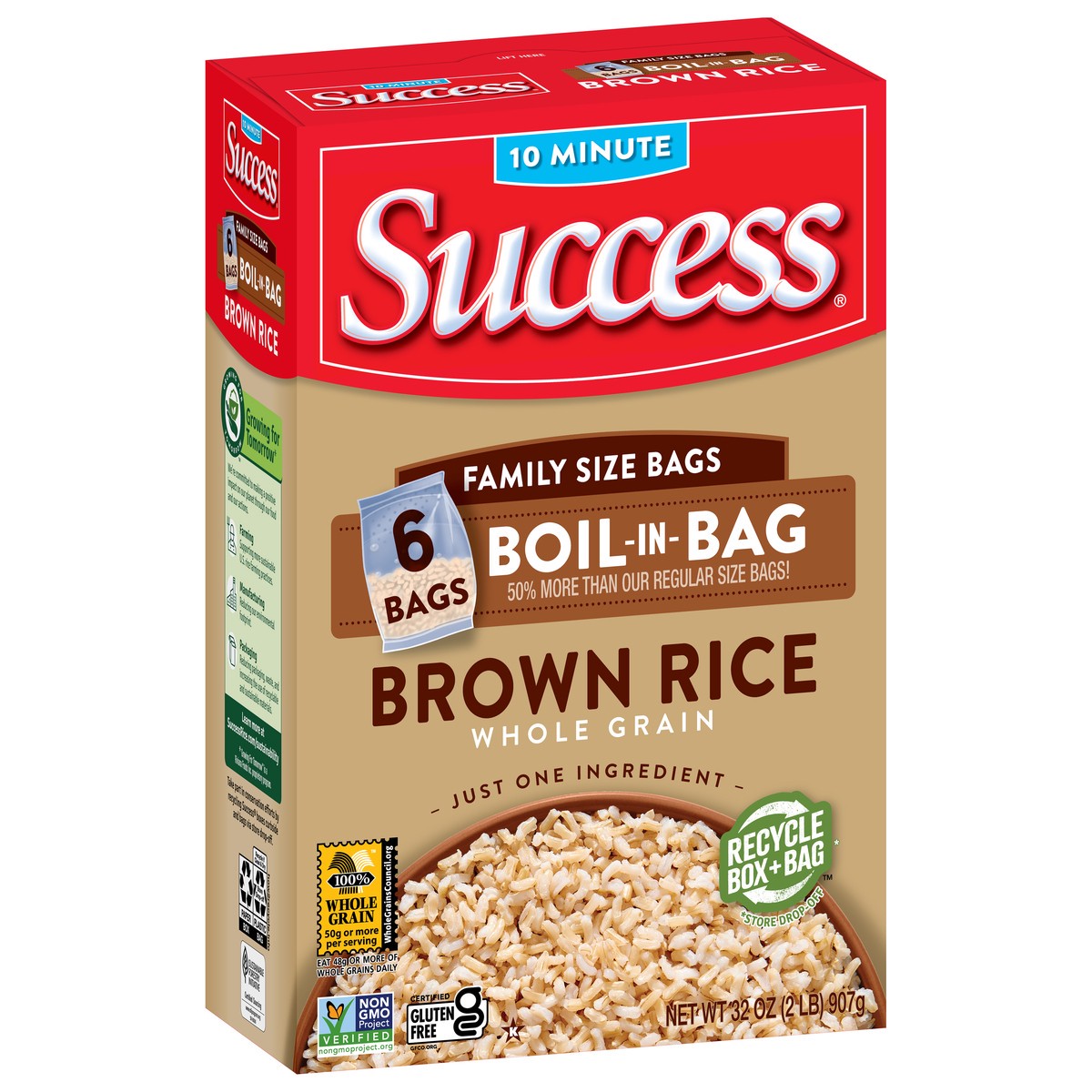 slide 1 of 11, Success Brown Rice, Whole Grain, Boil-in-Bag, Family Size Bags, 6 ct