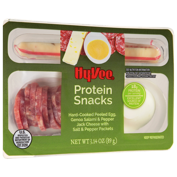 slide 1 of 1, Hy-Vee Protein Snacks Hard-Cooked Egg, Genoa Salami & Pepper Jack Cheese, 3.14 oz