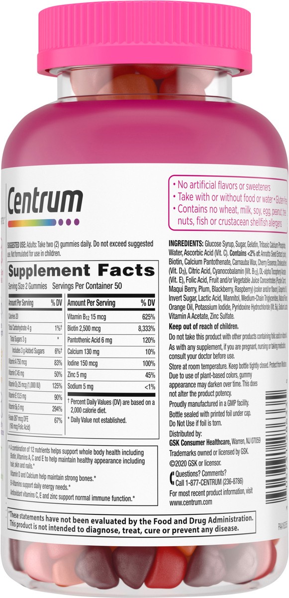 slide 8 of 9, Centrum MultiGummies Multi+ Beauty Dual Action Multivitamin, Specially Designed With Biotin for Healthy Hair, Skin and Nails, Cherry/Berry/Orange Flavors - 100 Count, 100 ct