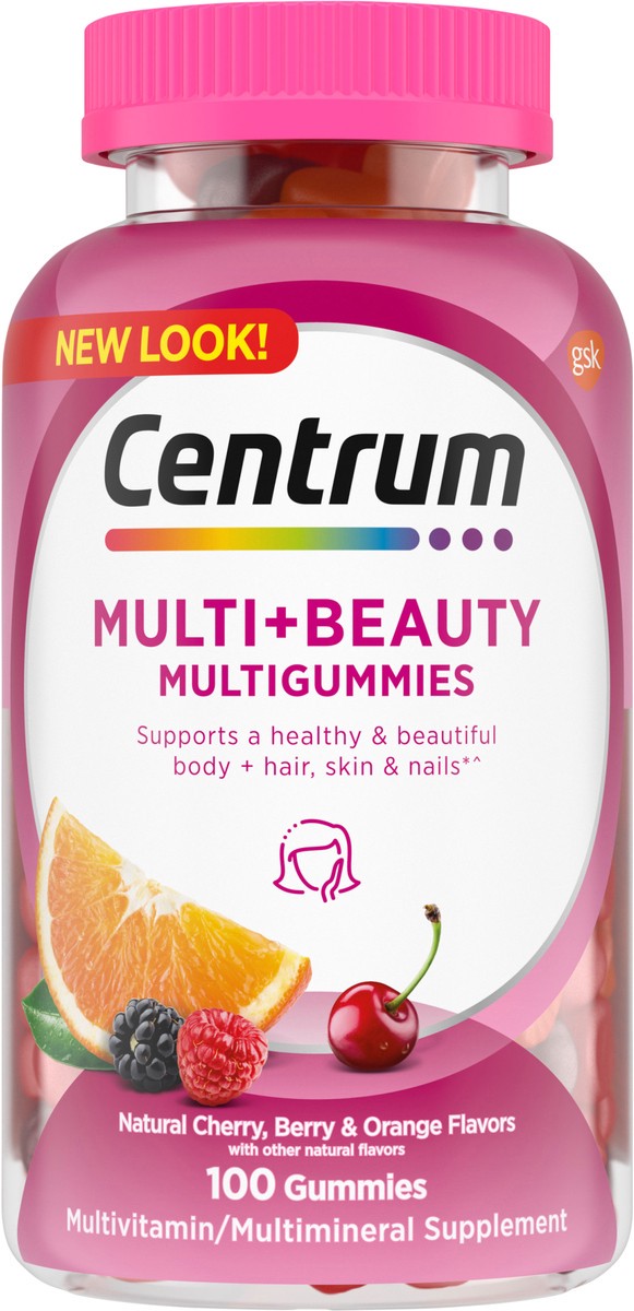 slide 6 of 9, Centrum MultiGummies Multi+ Beauty Dual Action Multivitamin, Specially Designed With Biotin for Healthy Hair, Skin and Nails, Cherry/Berry/Orange Flavors - 100 Count, 100 ct