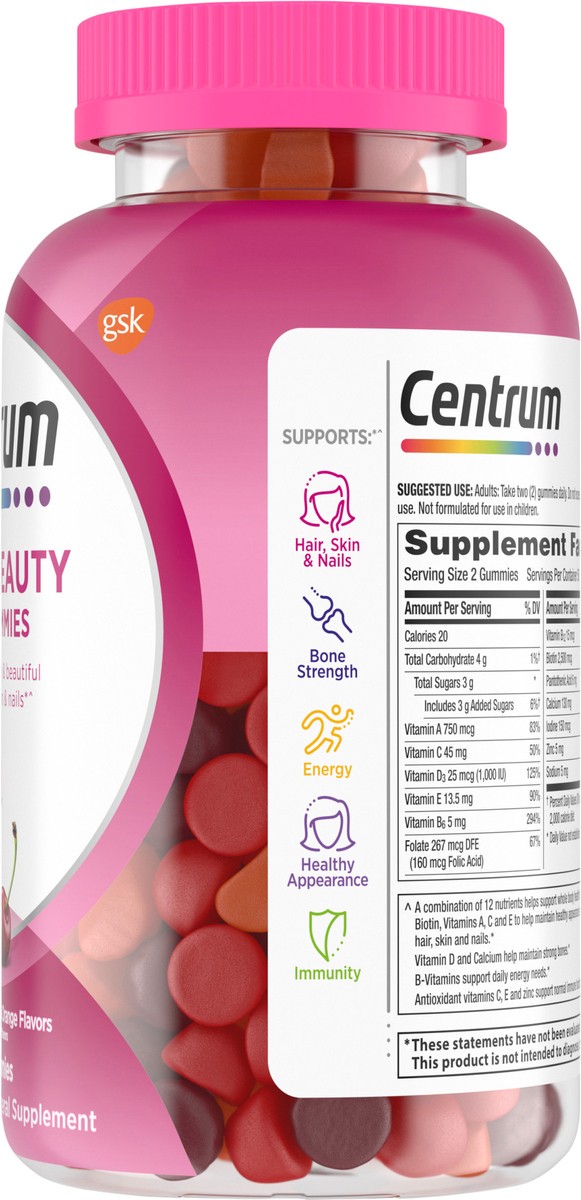 slide 7 of 9, Centrum MultiGummies Multi+ Beauty Dual Action Multivitamin, Specially Designed With Biotin for Healthy Hair, Skin and Nails, Cherry/Berry/Orange Flavors - 100 Count, 100 ct