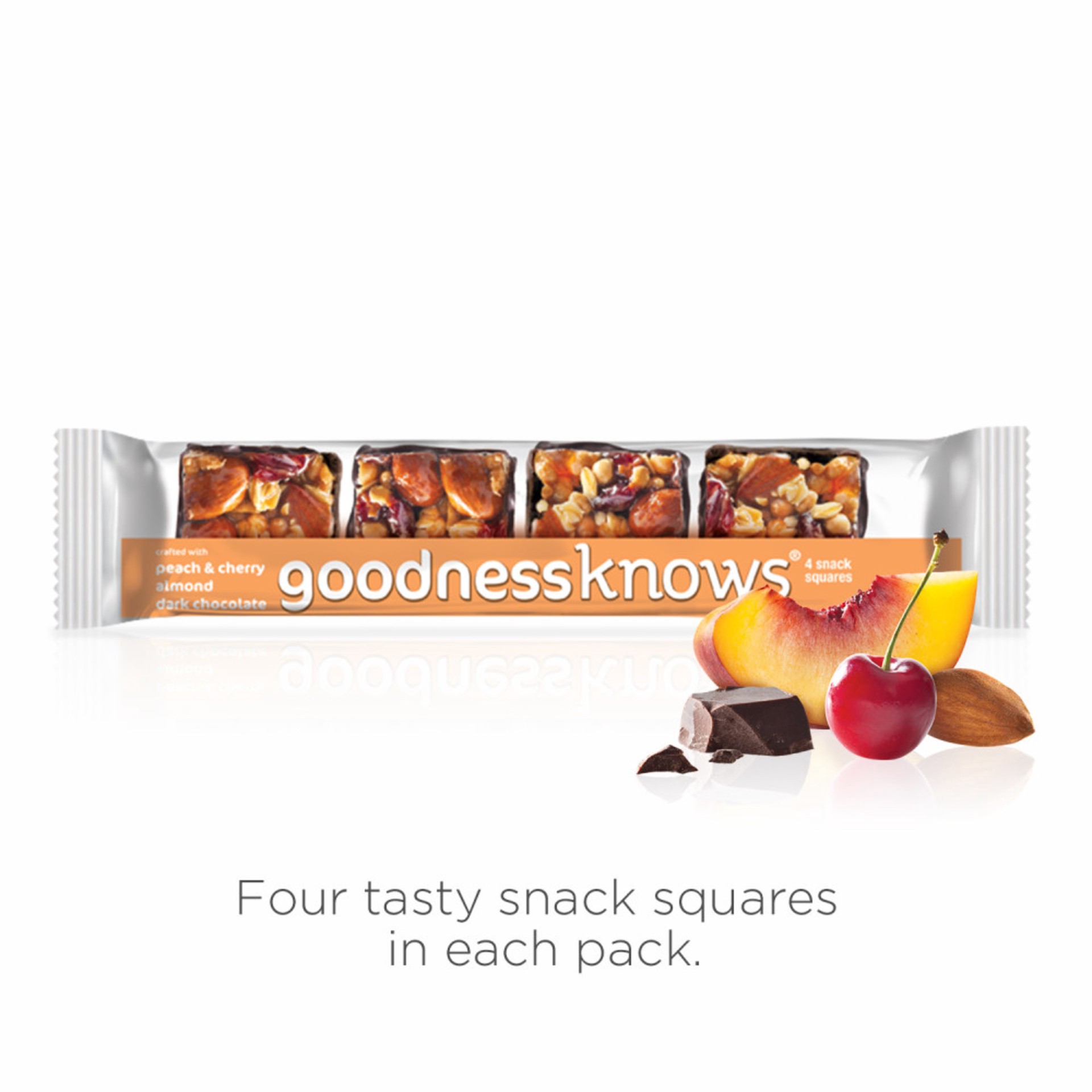 slide 1 of 6, goodnessKNOWS, Peach And Cherry Almond Dark Chocolate Snack Squares, 1.2 oz, 1 oz