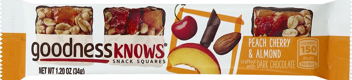 slide 4 of 6, goodnessKNOWS, Peach And Cherry Almond Dark Chocolate Snack Squares, 1.2 oz, 1 oz